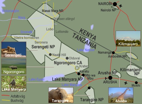 Karta över norra Tanzania.