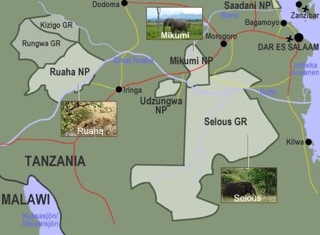 Karta över södra Tanzania.
