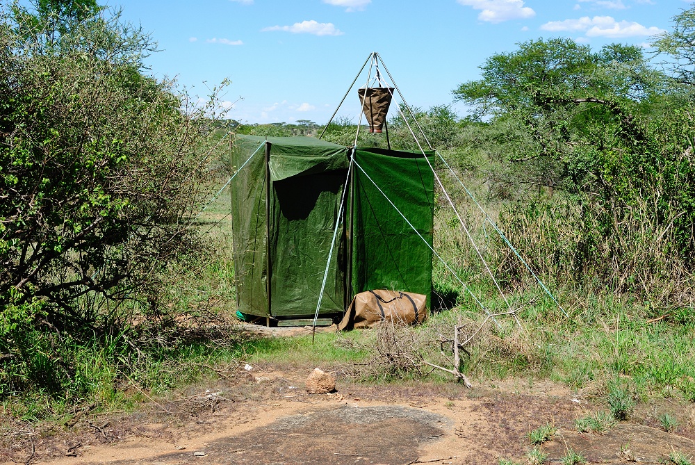Toalett- och duschtlt p mobil camp. (Centrala Serengeti National Park, Tanzania)