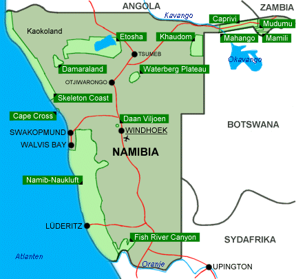 Karta över Namibia.