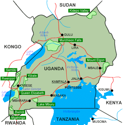 Karta över Uganda.