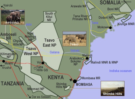 Karta över sydöstra Kenya.