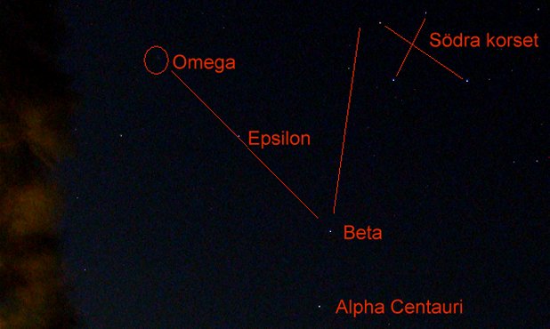 Stjärnor som pekar ut Södra korset och Omega Centauri.